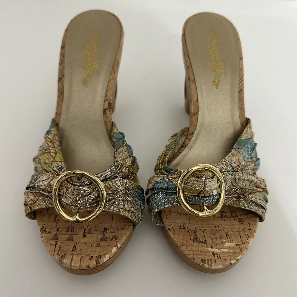 Petals Bling Jacquard Cork-Look Platform Mules Gold Ring Y2K Size 7 Bohemian